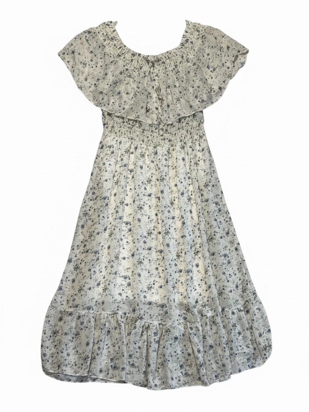 Boho Off-The-Shoulder Floral Smocked Chiffon Midi Dress Ivory Purple Women Sz XS